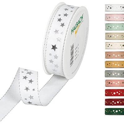 Halbach Seidenbänder Kerstlint, 25 mm x 18 m, voor het verpakken van geschenken, lint met zilverkleurige sterren en lurex-randen, kleur: wit Halbach Seidenbänder Kerstlint, 25 mm x 18 m, voor het verpakken van geschenken, lint met zilverkleurige sterren en lurex-randen, kleur: wit
