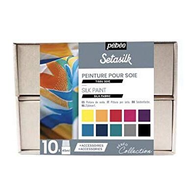 PEBEO Pébéo Setasilk Collection Box – set verf op zijde – 10 flessen met pipetsluiting van 45 ml gesorteerd + 2 Gutta met water 20 ml + accessoires PEBEO Pébéo Setasilk Collection Box – set verf op zijde – 10 flessen met pipetsluiting van 45 ml gesorteerd + 2 Gutta met water 20 ml + accessoires