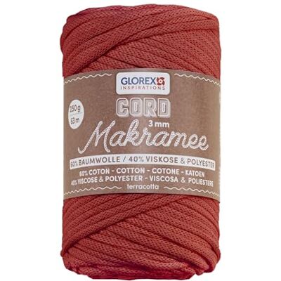GLOREX 5 1006 32 Macramé koord 3 mm, 250 g, terracotta, lengte 63 m, geweven textielgaren 60% katoen, 40% viscose en polyester, voor haken, breien, knopen en knutselen GLOREX 5 1006 32 Macramé koord 3 mm, 250 g, terracotta, lengte 63 m, geweven textielgaren 60% katoen, 40% viscose en polyester, voor haken, breien, knopen en knutselen