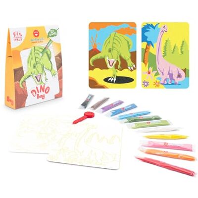 Sabbiarelli Bag Dino Mini Sand Art Kit met dinosaurus-thema Bevat zelfklevende tekeningen, gekleurd zand en mini-spatel, 100% Made in Italy, knutselwerk, kinderen 5-12 jaar Sabbiarelli Bag Dino Mini Sand Art Kit met dinosaurus-thema Bevat zelfklevende tekeningen, gekleurd zand en mini-spatel, 100% Made in Italy, knutselwerk, kinderen 5-12 jaar