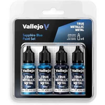 Vallejo True Metallic Saffierblauw metallic verfset voor schilderen op metaal, inclusief basis, licht, schaduw, airbrush, BSL-systeem voor consistente resultaten, 4 kleuren Vallejo True Metallic Saffierblauw metallic verfset voor schilderen op metaal, inclusief basis, licht, schaduw, airbrush, BSL-systeem voor consistente resultaten, 4 kleuren