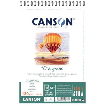 Canson 400060623 "C" lichte korrel 180 g/m² A5 30 vellen per blok "spiraal aan de korte zijde", 148 x 235 mm, wit Canson 400060623 "C" lichte korrel 180 g/m² A5 30 vellen per blok "spiraal aan de korte zijde", 148 x 235 mm, wit