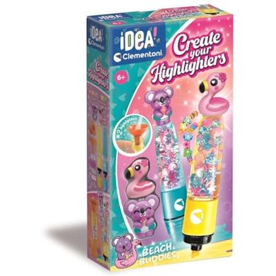 Clementoni Idea Create Your Highlighters Beach Buddies, creatieve set voor kinderen van 6 jaar en personaliseerbare markeerstiften met decoraties en strandfiguren, 18396 Clementoni Idea Create Your Highlighters Beach Buddies, creatieve set voor kinderen van 6 jaar en personaliseerbare markeerstiften met decoraties en strandfiguren, 18396