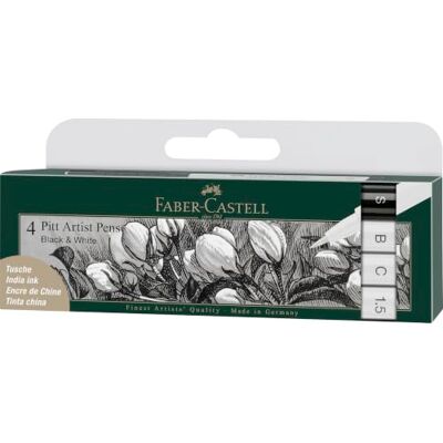 Faber-Castell 167151 Pitt Artist Pen inktpen, zwart, wit, 4 stuks Faber-Castell 167151 Pitt Artist Pen inktpen, zwart, wit, 4 stuks