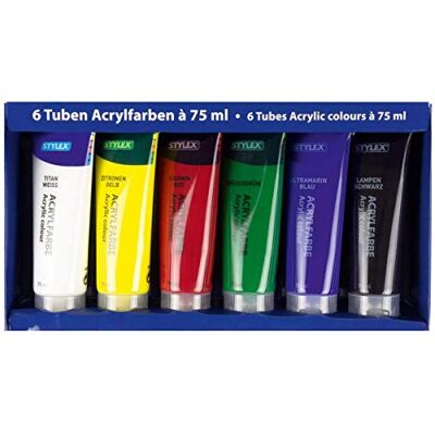Stylex 28653 Acrylverf in doos, 6 tubes à 75 ml, op waterbasis, mat, hoge dekking en kleurkracht, lichtecht, sneldrogend en waterdicht Stylex 28653 Acrylverf in doos, 6 tubes à 75 ml, op waterbasis, mat, hoge dekking en kleurkracht, lichtecht, sneldrogend en waterdicht