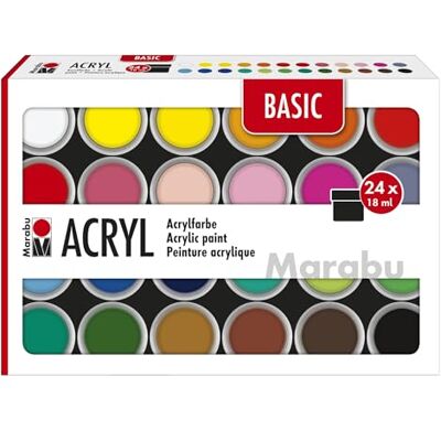 Marabu 12100000000215 Basic 24 stuks 18 ml gesatineerde acrylverf, gemakkelijk te lakken, sneldrogend, lichtecht, weerbestendig, voor vele technieken Marabu 12100000000215 Basic 24 stuks 18 ml gesatineerde acrylverf, gemakkelijk te lakken, sneldrogend, lichtecht, weerbestendig, voor vele technieken