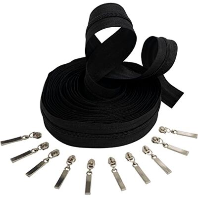 AERZETIX C62509x5-C62950x10 – spiraalritssluiting 5 m nr. 3 kleur: zwart + 10 schuifregelaars nr. 3 niet afsluitbaar kleur: zilver – van metaal – naaiwerk kleding AERZETIX C62509x5-C62950x10 – spiraalritssluiting 5 m nr. 3 kleur: zwart + 10 schuifregelaars nr. 3 niet afsluitbaar kleur: zilver – van metaal – naaiwerk kleding