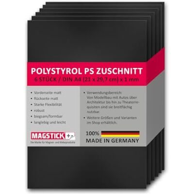 Magstick Set van 6 polystyreen platen zwart I DIN A4 harde platen PS uitsparingen I 21 x 29,7 cm I modelbouw architectuur I mag274 Magstick Set van 6 polystyreen platen zwart I DIN A4 harde platen PS uitsparingen I 21 x 29,7 cm I modelbouw architectuur I mag274