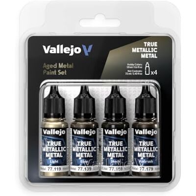 Vallejo True Metallic verfset, 4 kleuren voor metaalverf, inclusief basis, licht, schaduw, airbrush, consistente en aanpasbare resultaten, BSL-serie, verouderd metaal Vallejo True Metallic verfset, 4 kleuren voor metaalverf, inclusief basis, licht, schaduw, airbrush, consistente en aanpasbare resultaten, BSL-serie, verouderd metaal