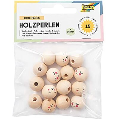 Folia 22981 schattige faces houten kralen, 15 ronde houten ballen bedrukt met grappige gezichten, assortiment in 3 motieven, natuur, diameter 15 mm, voor het rijgen van kettingen of voor het knutselen van figuren Folia 22981 schattige faces houten kralen, 15 ronde houten ballen bedrukt met grappige gezichten, assortiment in 3 motieven, natuur, diameter 15 mm, voor het rijgen van kettingen of voor het knutselen van figuren