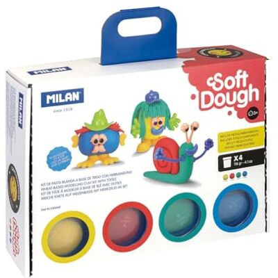 MILAN Soft Dough ® koffer met gereedschap "Fun Sace" (4 potten), 116 g MILAN Soft Dough ® koffer met gereedschap "Fun Sace" (4 potten), 116 g