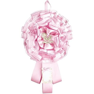 Mareli Tulle geboortekoek versierd met gestippeld lint, satijnen linten, toepassing van hars decor en kartonnen perkament voor het schrijven van naam en datum, roze paard Mareli Tulle geboortekoek versierd met gestippeld lint, satijnen linten, toepassing van hars decor en kartonnen perkament voor het schrijven van naam en datum, roze paard