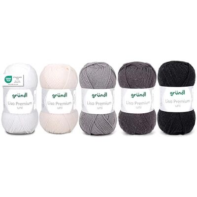 Gründl Lisa Premium wol, effen, 50 g, wit/grijs/zwart Gründl Lisa Premium wol, effen, 50 g, wit/grijs/zwart