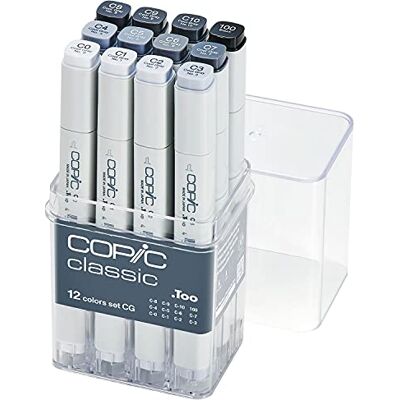Copic Marker Set van 12 permanente alcoholstiften met dubbele punt, fijne punt en brede afgeschuinde punt, navulbaar, set van 12 kleuren Copic Marker Set van 12 permanente alcoholstiften met dubbele punt, fijne punt en brede afgeschuinde punt, navulbaar, set van 12 kleuren