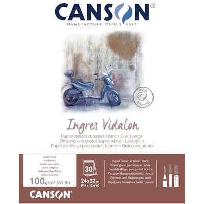 Canson Ingres Vidalon, pastelpapier, vergé, 100 g/m², blok gelijmd, kleine kant, 24 x 32 cm, wit, 30 vellen Canson Ingres Vidalon, pastelpapier, vergé, 100 g/m², blok gelijmd, kleine kant, 24 x 32 cm, wit, 30 vellen