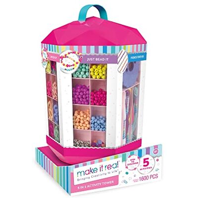 Make It Real 5-in-1 activiteitentoren, sieradenset en vriendschapsarmbanden met opslag, Heishi-kralen, kunststof schakels, mini-elastiekjes, ronde kralen en draad Make It Real 5-in-1 activiteitentoren, sieradenset en vriendschapsarmbanden met opslag, Heishi-kralen, kunststof schakels, mini-elastiekjes, ronde kralen en draad