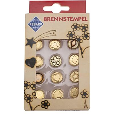 GLOREX Pebaro 6 1671 003 12 stuks brandstempel met verschillende vormen van messing voor het schroeven van brandschilderen, pebarok, brandwonden op hout, leer, kurk en andere materialen GLOREX Pebaro 6 1671 003 12 stuks brandstempel met verschillende vormen van messing voor het schroeven van brandschilderen, pebarok, brandwonden op hout, leer, kurk en andere materialen