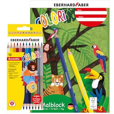 Eberhard Faber Colori 599044 kleurset met 12 kleurpotloden en tekenblok DIN A4, 100 vellen papier 70 g/m² Eberhard Faber Colori 599044 kleurset met 12 kleurpotloden en tekenblok DIN A4, 100 vellen papier 70 g/m²