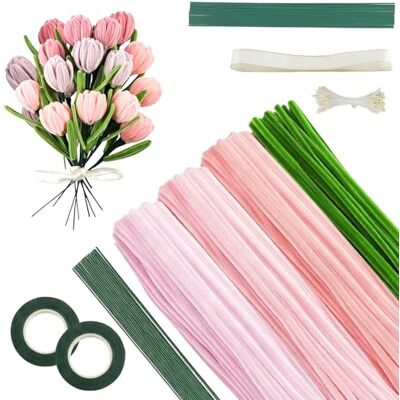 GREATRICH 400-delige bloemenset van chenilledraad, roze en groen, pijpreinigers flower set met 20 stengels, 2 linten, lijmstiften, gids, ideaal voor het knippen van chenillepijpen en doe-het-zelf GREATRICH 400-delige bloemenset van chenilledraad, roze en groen, pijpreinigers flower set met 20 stengels, 2 linten, lijmstiften, gids, ideaal voor het knippen van chenillepijpen en doe-het-zelf