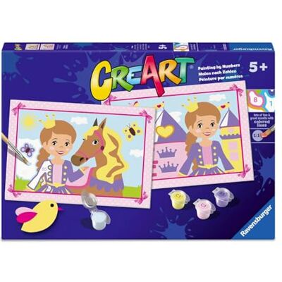 Ravensburger CreArt Junior serie: avontuurlijke prinses, schilderen met nummers, schilderset voor kinderen, educatief spel, cadeau-idee kind en meisje 5 jaar, 2 tafels 32 x 22 cm Ravensburger CreArt Junior serie: avontuurlijke prinses, schilderen met nummers, schilderset voor kinderen, educatief spel, cadeau-idee kind en meisje 5 jaar, 2 tafels 32 x 22 cm