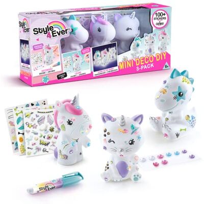 Canal Toys Style 4Ever Set van 3 lichtgevende figuren om te versieren Mini Deco DIY Kit met eenhoorn, dinosaurus en kitten die oplichten in het donker, edelstenen, stickers, marker OFG245 Canal Toys Style 4Ever Set van 3 lichtgevende figuren om te versieren Mini Deco DIY Kit met eenhoorn, dinosaurus en kitten die oplichten in het donker, edelstenen, stickers, marker OFG245