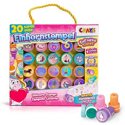 CRAZE 29190 Kinderstempel met eenhoornmotieven, 20 wasbare stempelkussens voor kinderen, kleurrijke stempelset met papieren blok in etui CRAZE 29190 Kinderstempel met eenhoornmotieven, 20 wasbare stempelkussens voor kinderen, kleurrijke stempelset met papieren blok in etui