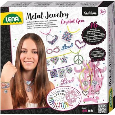 Lena 42658 Metalen sieradenknutselset met kristallen edelstenen, complete set met 16 metalen hangers, 6 linten, 650 strass-steentjes en pailletten voor armbanden en halskettingen voor kinderen Lena 42658 Metalen sieradenknutselset met kristallen edelstenen, complete set met 16 metalen hangers, 6 linten, 650 strass-steentjes en pailletten voor armbanden en halskettingen voor kinderen