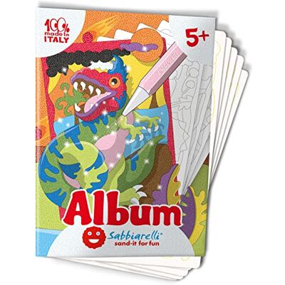 Sabbiarelli Dinosaurus Album Zelfklevende vellen voor Sand Art Bevat 5 zelfklevende A5-tekeningen, 100% Made in Italy, knutselwerk, kinderen 5-12 jaar, gekleurd zand niet inbegrepen Sabbiarelli Dinosaurus Album Zelfklevende vellen voor Sand Art Bevat 5 zelfklevende A5-tekeningen, 100% Made in Italy, knutselwerk, kinderen 5-12 jaar, gekleurd zand niet inbegrepen