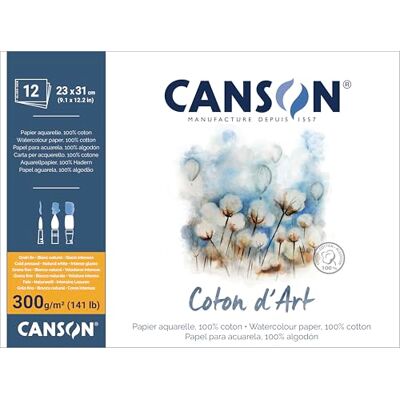 Canson Coton D'Art Aquarelpapier, fijne korrel, 300 g/m², gelijmd blok, korte zijde, 23 x 31 cm, natuurwit, 12 vellen Canson Coton D'Art Aquarelpapier, fijne korrel, 300 g/m², gelijmd blok, korte zijde, 23 x 31 cm, natuurwit, 12 vellen
