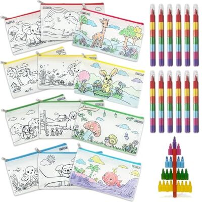 ICEPAPA , 12 etui voor kinderen en 12 stapelbare kleurpotloden (7 kleuren in 1), ideaal voor kinderverjaardagscadeaus ICEPAPA , 12 etui voor kinderen en 12 stapelbare kleurpotloden (7 kleuren in 1), ideaal voor kinderverjaardagscadeaus