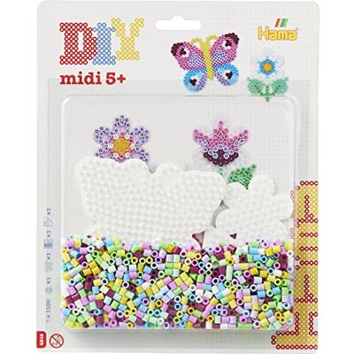 Hama Perlen 4216 1100 stuks bloemen- en vlinderkralen, cadeauzakje ca. 1100 midi-kralen, met 2 gevormde potloodplaten, motiefpatroon, strijkpapier, voor kinderen om Hama Perlen 4216 1100 stuks bloemen- en vlinderkralen, cadeauzakje ca. 1100 midi-kralen, met 2 gevormde potloodplaten, motiefpatroon, strijkpapier, voor kinderen om