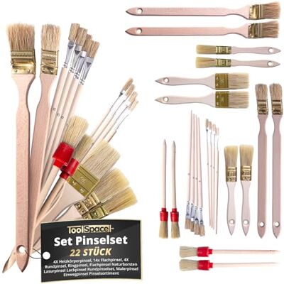 ToolSpace Set van 22 penselen, 4 radiatoren, 14 platen, 4 ronde natuurlijke borstelharen, houten handvat, lak, lak, acrylverf, meubels, muren, hout, ramen, deuren, radiatoren, renovatie, doe-het-zelfbewerking ToolSpace Set van 22 penselen, 4 radiatoren, 14 platen, 4 ronde natuurlijke borstelharen, houten handvat, lak, lak, acrylverf, meubels, muren, hout, ramen, deuren, radiatoren, renovatie, doe-het-zelfbewerking