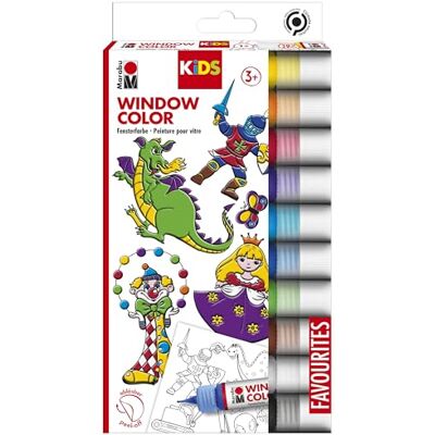 Marabu 030600000100 raamverf voor kinderen set 10 x 25 ml verf en a4 kleurmodel met 18 motieven, raamverf op waterbasis, geschikt voor glas, spiegel, tegels en folie Marabu 030600000100 raamverf voor kinderen set 10 x 25 ml verf en a4 kleurmodel met 18 motieven, raamverf op waterbasis, geschikt voor glas, spiegel, tegels en folie