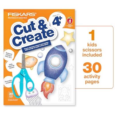 Fiskars Cut & Create Activiteitenboek met schaar voor kinderen, 12,7 cm, cadeaus voor kinderen, leeftijd 4+ Fiskars Cut & Create Activiteitenboek met schaar voor kinderen, 12,7 cm, cadeaus voor kinderen, leeftijd 4+