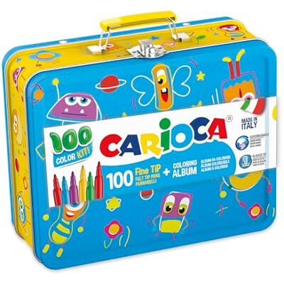 CARIOCA Metalen doos met markeringen, 100 superwasbare viltstiften met metalen doos, markers met fijne punt met kleuralbum CARIOCA Metalen doos met markeringen, 100 superwasbare viltstiften met metalen doos, markers met fijne punt met kleuralbum