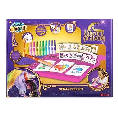 Unicorn Academy Spray Pen Set Deluxe viltstift set met 12 Blopens & 16 sjablonen creatief kleuren kinderen knutselset creatieve vrije tijd cadeau-idee voor meisjes en jongens Unicorn Academy Spray Pen Set Deluxe viltstift set met 12 Blopens & 16 sjablonen creatief kleuren kinderen knutselset creatieve vrije tijd cadeau-idee voor meisjes en jongens