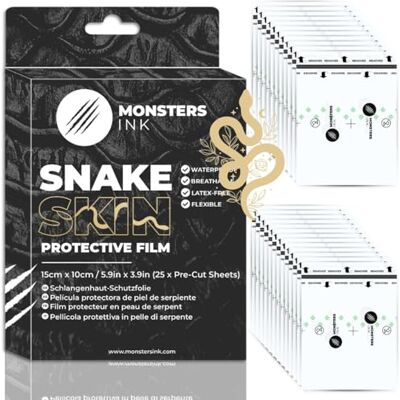 Monsters Ink Snake Skin Protector, rolfolie, transparant, waterdicht, voor snelle genezing (15 cm x 10 cm (25 vellen)) Monsters Ink Snake Skin Protector, rolfolie, transparant, waterdicht, voor snelle genezing (15 cm x 10 cm (25 vellen))