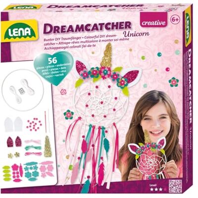Lena 42701 Dreamcatcher eenhoorn knutselset 56-delig dromenvanger complete set met ring, kleurrijke linten en koorden, naald van kunststof, parels en stoffen bloemen voor kinderen vanaf 6 jaar Lena 42701 Dreamcatcher eenhoorn knutselset 56-delig dromenvanger complete set met ring, kleurrijke linten en koorden, naald van kunststof, parels en stoffen bloemen voor kinderen vanaf 6 jaar
