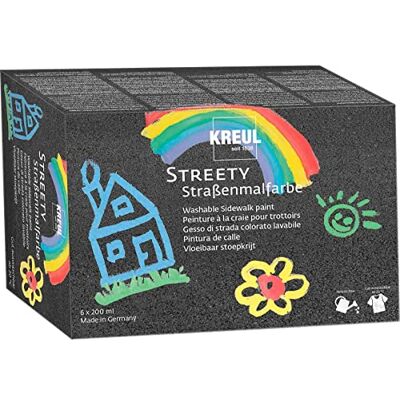 KREUL 43110 Streety 6 potten krijtverf voor trottoirs, 200 ml, veganistische vloeibare verf, dermatologisch getest, wasbaar en met kwast of rol te gebruiken KREUL 43110 Streety 6 potten krijtverf voor trottoirs, 200 ml, veganistische vloeibare verf, dermatologisch getest, wasbaar en met kwast of rol te gebruiken