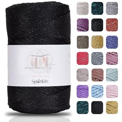 Makromecity Macramégaren 2 mm x 230 m van hoogwaardig polyester, polypropyleen koord voor handwerk, woondecoratie, tafelbord, schoudertas (zwart glitter, 1 streng Makromecity Macramégaren 2 mm x 230 m van hoogwaardig polyester, polypropyleen koord voor handwerk, woondecoratie, tafelbord, schoudertas (zwart glitter, 1 streng