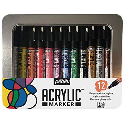 PEBEO Pébéo Metalen doos acryl marker-12 markers, 1,2 mm, verschillende kleuren, 12 x 1,2 mm, set van 12 stuks PEBEO Pébéo Metalen doos acryl marker-12 markers, 1,2 mm, verschillende kleuren, 12 x 1,2 mm, set van 12 stuks