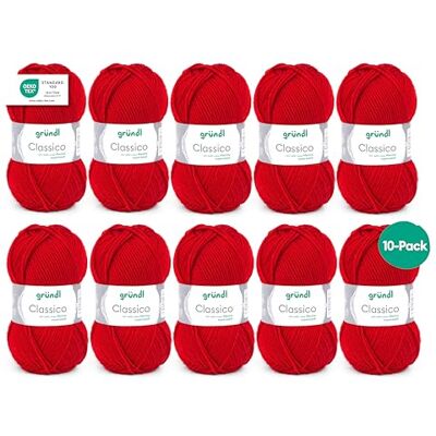 Gründl Classico wol (Öko-Tex gecertificeerd haakgaren 50% scheerwol (merino superwash) & 50% polyacryl, 50 g/120 m, naalddikte 3,5 4,5, 10 bollen 50 g), rosso Gründl Classico wol (Öko-Tex gecertificeerd haakgaren 50% scheerwol (merino superwash) & 50% polyacryl, 50 g/120 m, naalddikte 3,5 4,5, 10 bollen 50 g), rosso