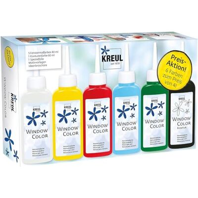 KREUL Window Color 42847 Actieset voor kleine en grote creatievelingen, 5 x 80 ml, kleur wit, geel, rood, blauw en groen, 80 ml, contourverf in zwart, speciale folie en schildersjablonen KREUL Window Color 42847 Actieset voor kleine en grote creatievelingen, 5 x 80 ml, kleur wit, geel, rood, blauw en groen, 80 ml, contourverf in zwart, speciale folie en schildersjablonen