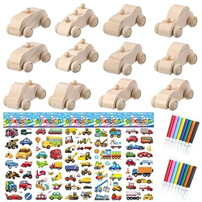 Allazone Set van 12 houten auto's om zelf te maken, onafgewerkte houten auto's met 5 stickers en 16 kleurpotloden, eenvoudig werk en familie-uurset Allazone Set van 12 houten auto's om zelf te maken, onafgewerkte houten auto's met 5 stickers en 16 kleurpotloden, eenvoudig werk en familie-uurset