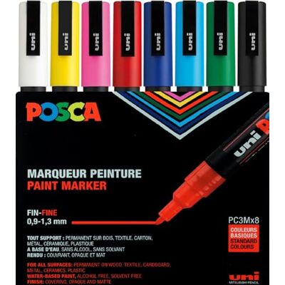 posca Mitsubishi Pencil PC3M Markers, 8 stuks, conische punt, fijne punt, verfmarker op waterbasis, alle ondergronden, voor papier, textiel, glas, kiezelsteen, hout, klassieke kleuren posca Mitsubishi Pencil PC3M Markers, 8 stuks, conische punt, fijne punt, verfmarker op waterbasis, alle ondergronden, voor papier, textiel, glas, kiezelsteen, hout, klassieke kleuren