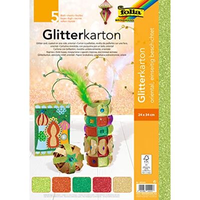 Folia 85349 Oosters glitterkarton, op kleur gesorteerd, 24 x 34 cm, 5 vellen, 300 g/m², voor elegante en fonkelende knutselwerkzaamheden Folia 85349 Oosters glitterkarton, op kleur gesorteerd, 24 x 34 cm, 5 vellen, 300 g/m², voor elegante en fonkelende knutselwerkzaamheden