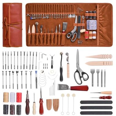 VEVOR Leren werkgereedschapsset, 72 draagbare knutselgereedschappen met leren opbergtas, ideaal voor beginners, doe-het-zelvers en professionals VEVOR Leren werkgereedschapsset, 72 draagbare knutselgereedschappen met leren opbergtas, ideaal voor beginners, doe-het-zelvers en professionals