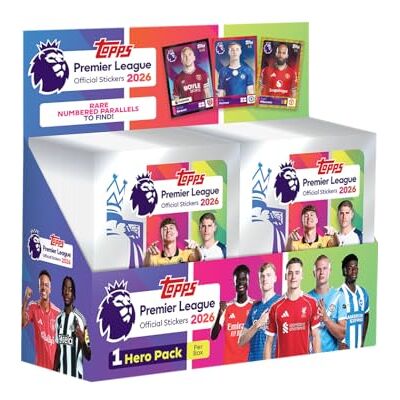Topps Premier League 2026 stickers complete doos bevat 100 stickerpakketten (6 stickers per verpakking). Topps Premier League 2026 stickers complete doos bevat 100 stickerpakketten (6 stickers per verpakking).