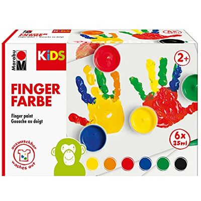 Marabu KiDS vingerverf set 0303000050800 met 6 heldere kleuren 35 ml, zonder parabenen, veganistisch, lactosevrij, glutenvrij Marabu KiDS vingerverf set 0303000050800 met 6 heldere kleuren 35 ml, zonder parabenen, veganistisch, lactosevrij, glutenvrij