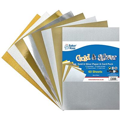 Baker Ross FX323 60 vellen knutselpapier en knutselkarton DIN A4 metallic glitter mat zilver goud Baker Ross FX323 60 vellen knutselpapier en knutselkarton DIN A4 metallic glitter mat zilver goud